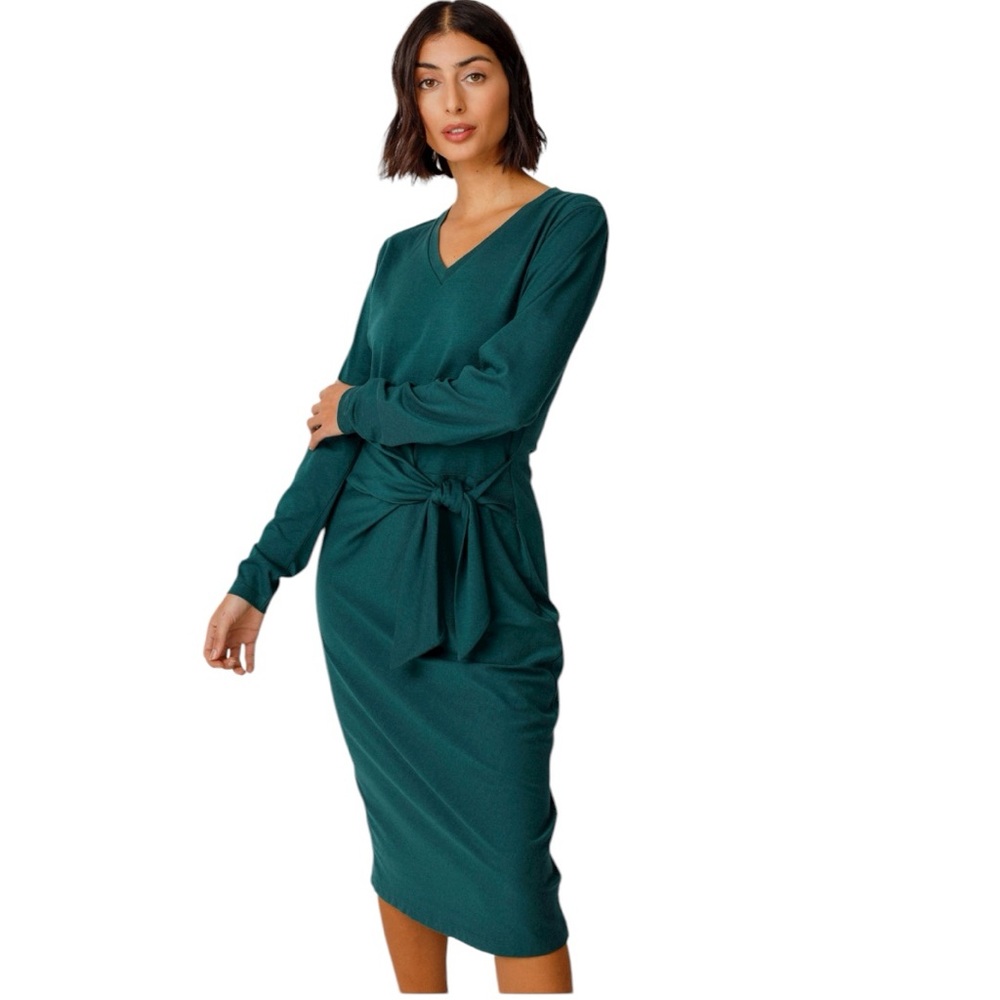 SKFK Luar Green Tie Waist Midi Dress Organic Cotton Modal Long Sleeve Size 6